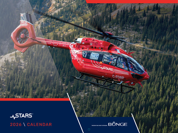 The cover of the 2026 STARS calendar, showing a STARS H145 air ambulance flying over a treed landscape, with presenting sponsor Bunge's logo and the STARS logo in the lower left corner.
