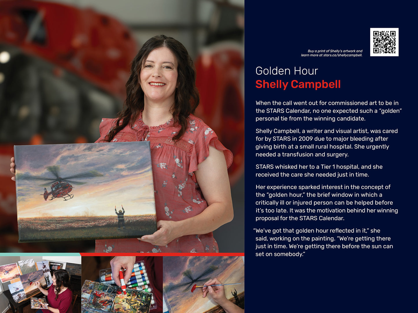 A capture of the 2027 STARS Calendar centre spread image of artist, writer, and STARS Very Important Patient Shelly Campbell and the artwork she was commissioned to create for the calendar. The text is the story of the painting concept, and includes a QR code to Shelly's story on the main STARS website.