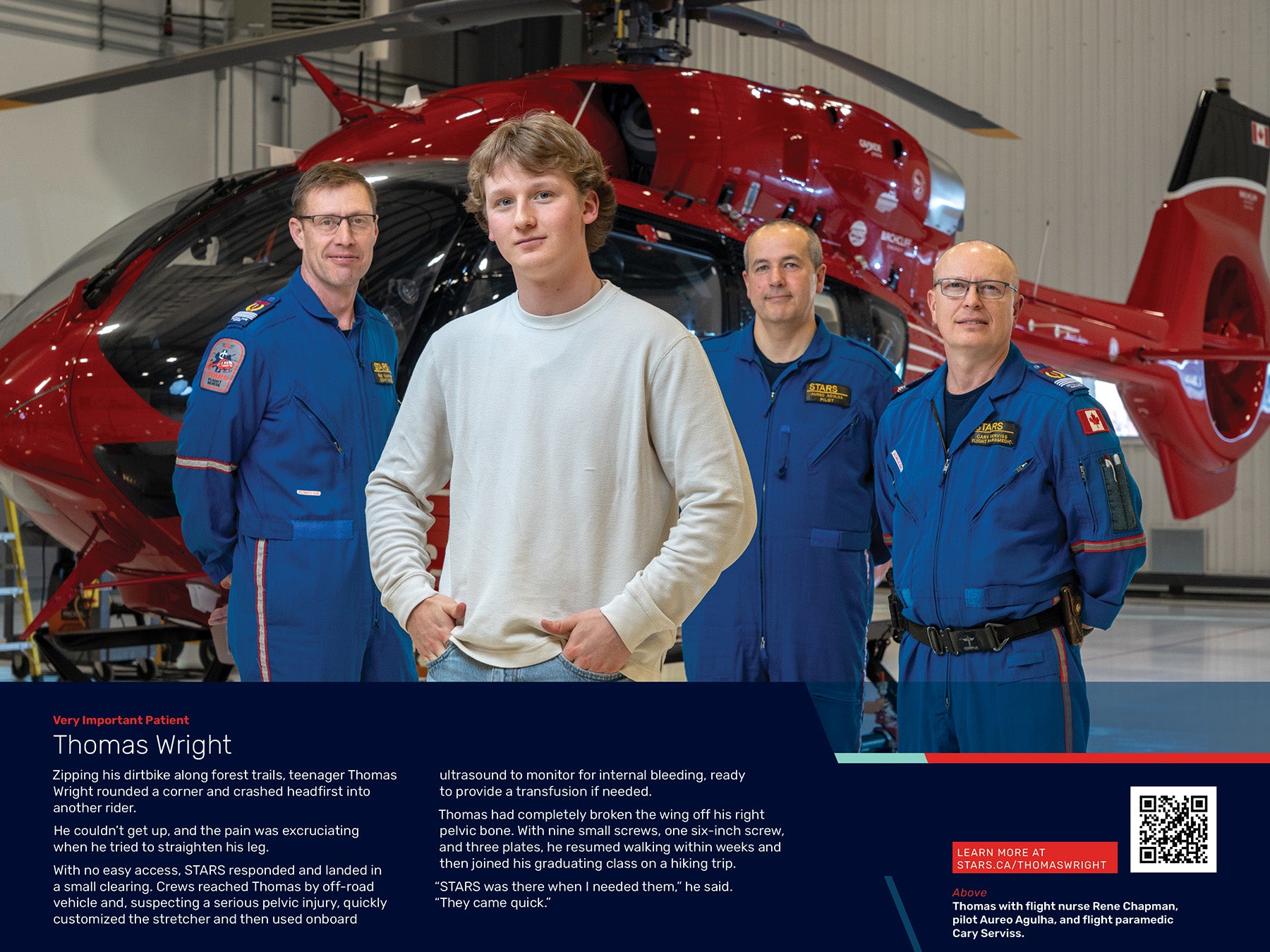 A capture of the 2027 STARS Calendar September feature image of STARS Very Important Patient Thomas Wright and the crew that worked on his mission. The text is the story of his rescue, and includes a QR code to Thomas' story on the main STARS website.
